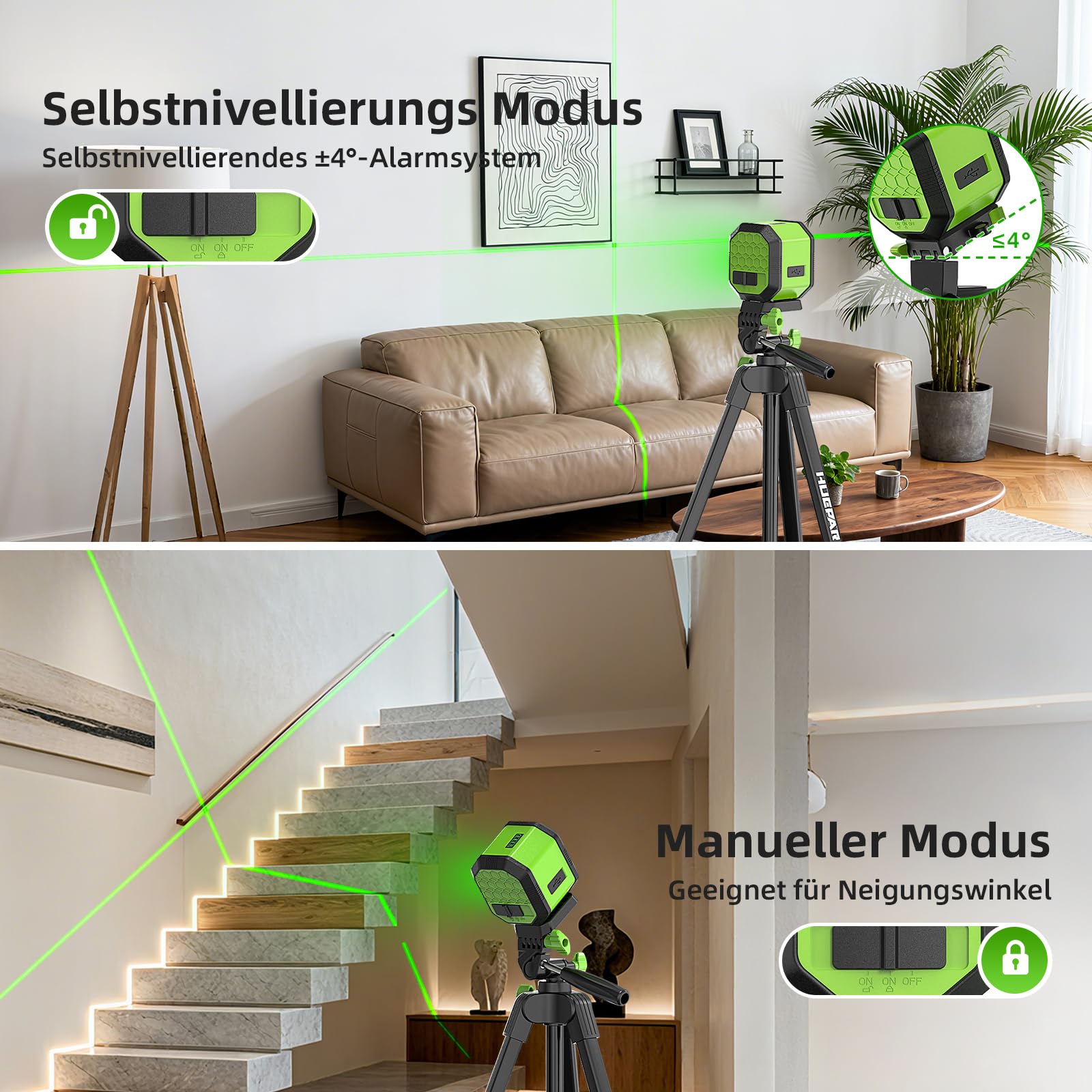 Huepar Nivel láser de línea cruzada de haz verde, herramienta de nivelación láser vertical y horizontal autonivelante con batería de litio para colgar cuadros y pintar en la pared Indoor Projects