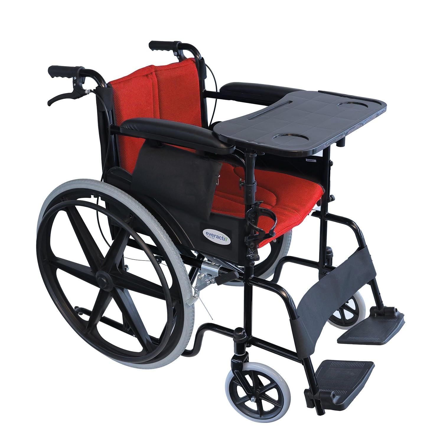 Everactiv by HCAH Everyday Premium Foldable Wheelchair with 2 Extra Seats | Multipurpose Tray | 6 Wheels & Brakes for extra safety, Side Pouch, Bottle Holder | Red Color