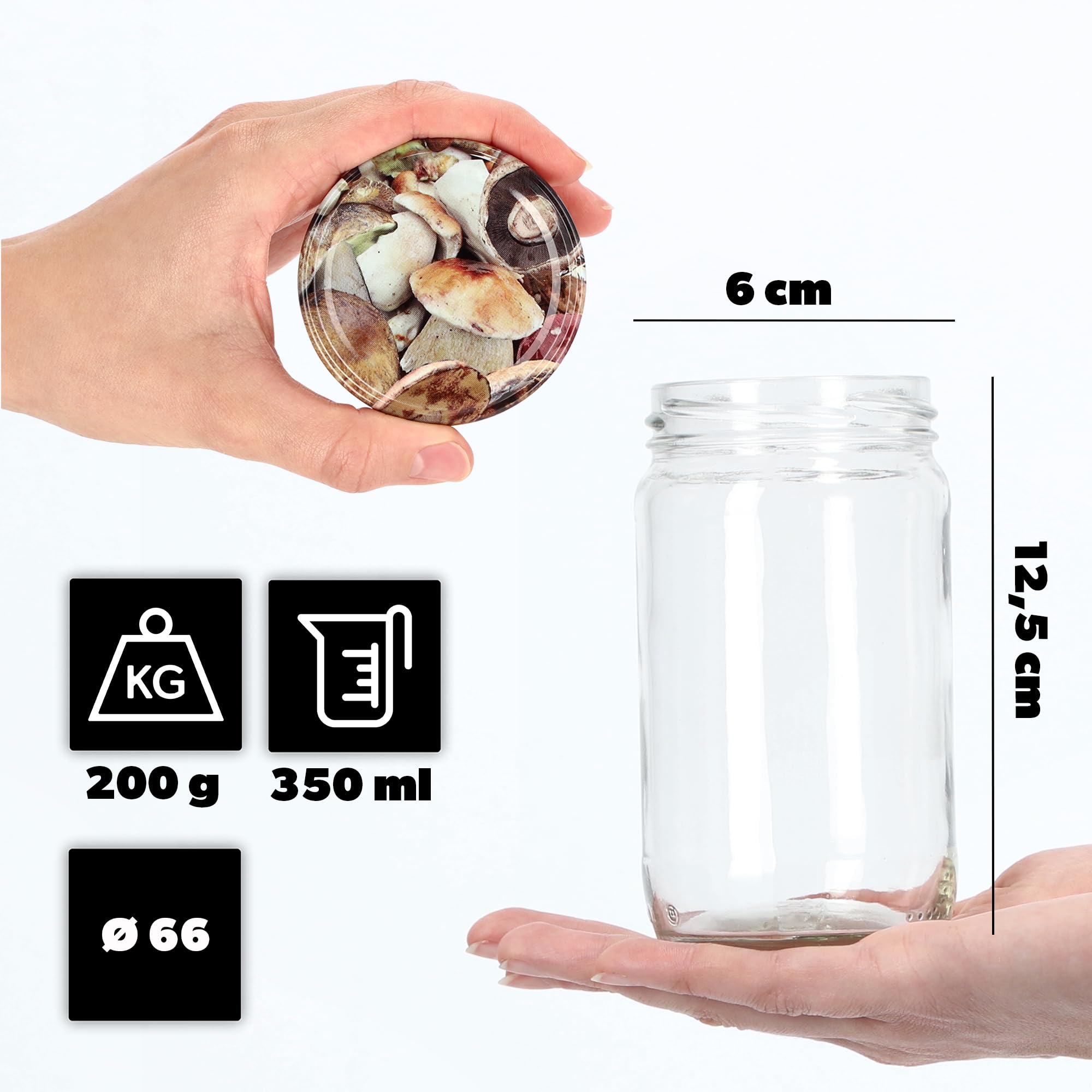 KADAX barattoli in vetro 350ml Ø66 funghi – tappo a vite ermetico, lavabili in lavastoviglie, per marmellate, miele, conserve e spezie