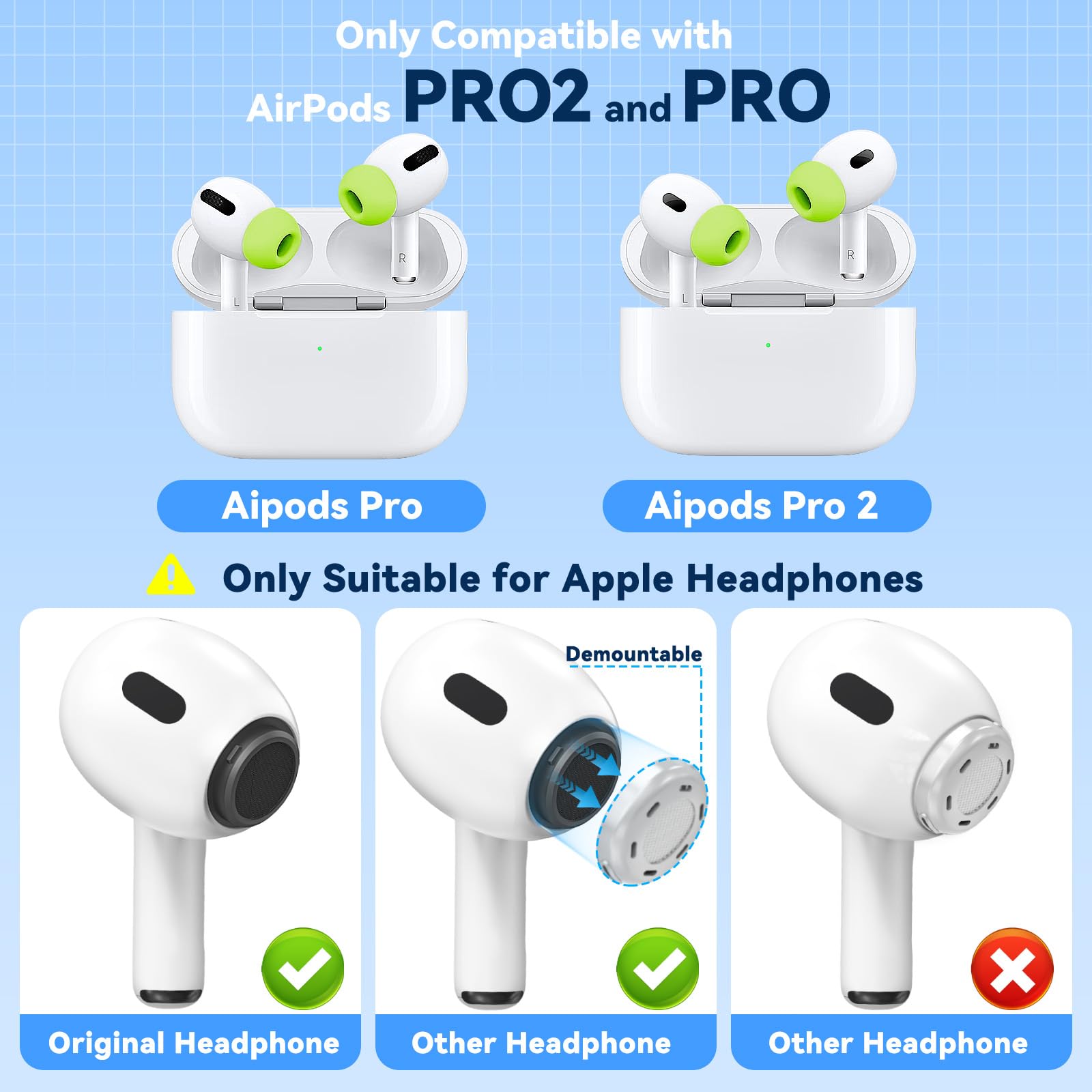 4-Pair Replacement Ear Tips for AirPods Pro 2nd/1st Generation with Portable Storage Box,Noise Reduction Holewith & Built-in dust Guard Screen,Silicone Ear Tips for Apple AirPods Pro (F-Green)