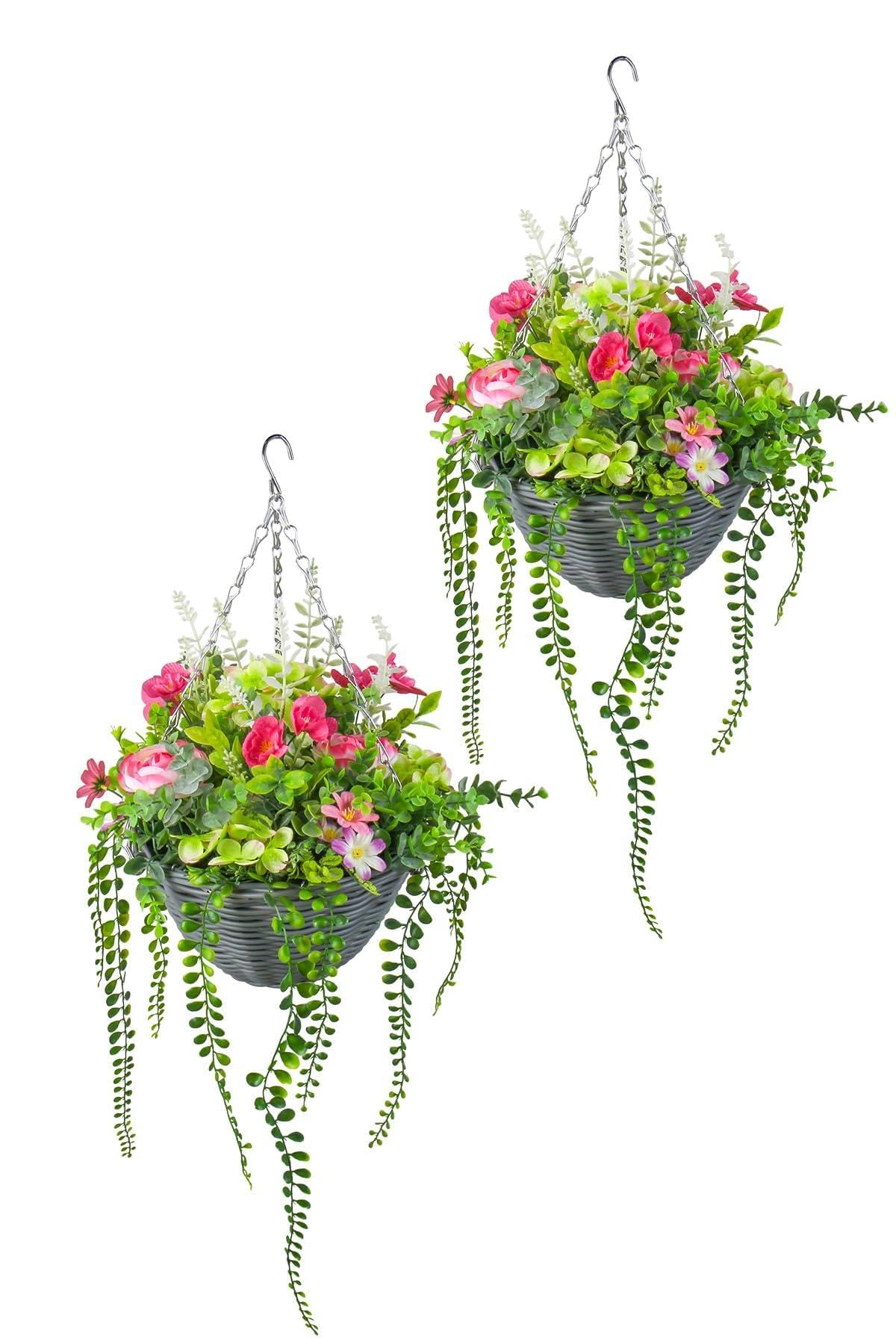 GOVIRAYE Set of 2 Artificial Flower Hanging Baskets 35cm with Chain – Pink & Green Wicker Floral Arrangements for Indoor & Outdoor Decor (Home, Garden, Porch, Balcony)