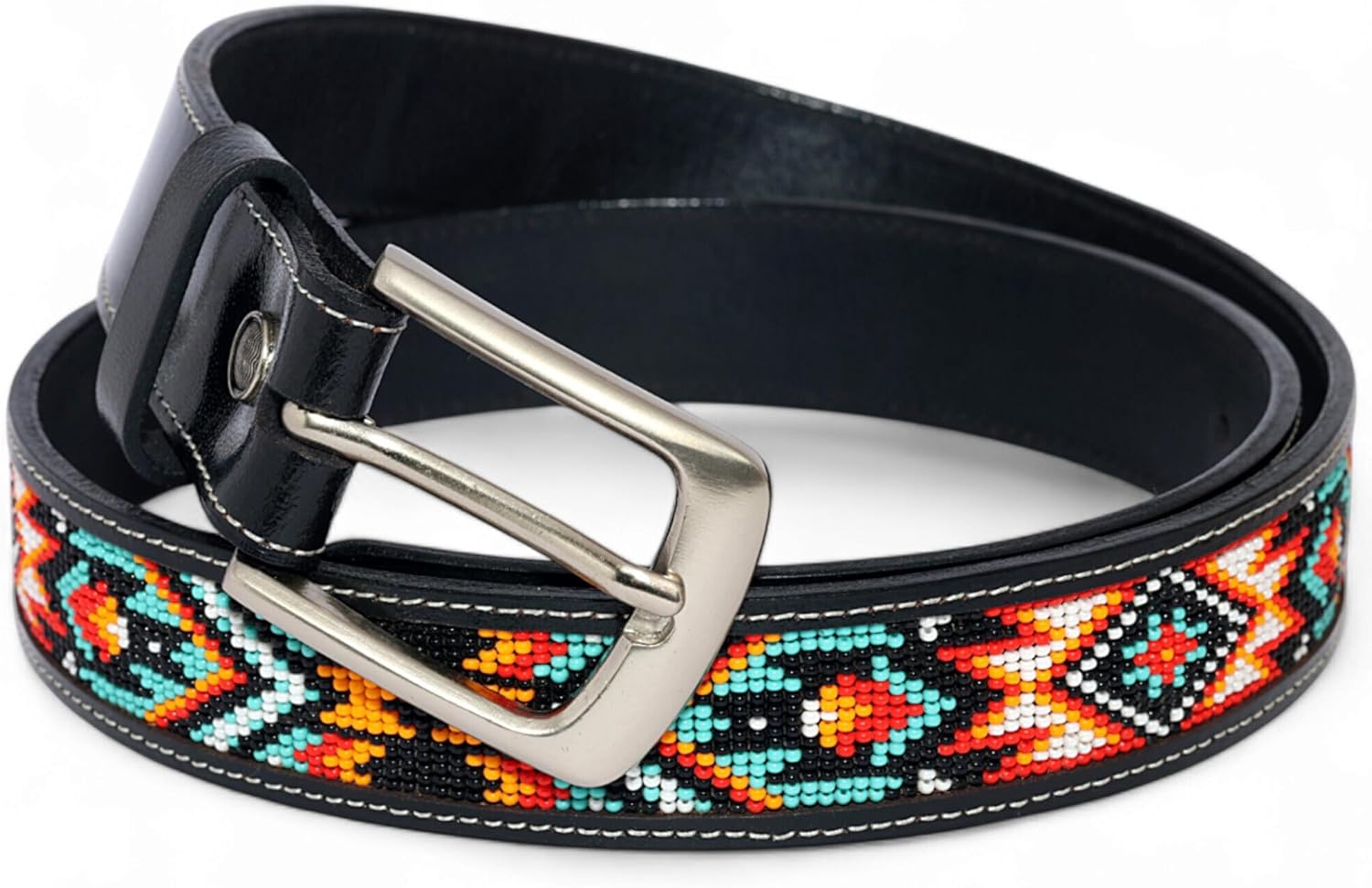 Unisex Genuine Leather Beaded Belt, Removable Buckle Cowboy Gift Belt 1.3" Wide