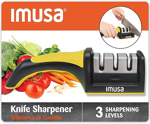 IMUSA - Afilador de cuchillos de cocina con diseño de afilador de cuchillas de acero inoxidable de 3 etapas, fácil de usar, kit ergonómico de