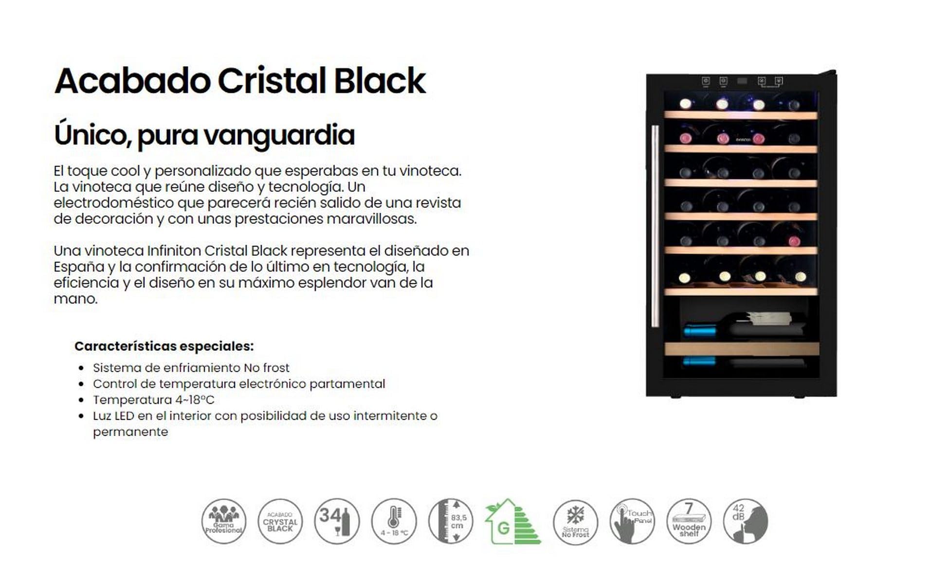 INFINITON Vinoteca WFL-34C, 34 Botellas, Luz LED en el interior, Sistema de enfriamiento No frost, Acabado exterior Crystal BLACK, Tirador exterior de acero inoxidable, G