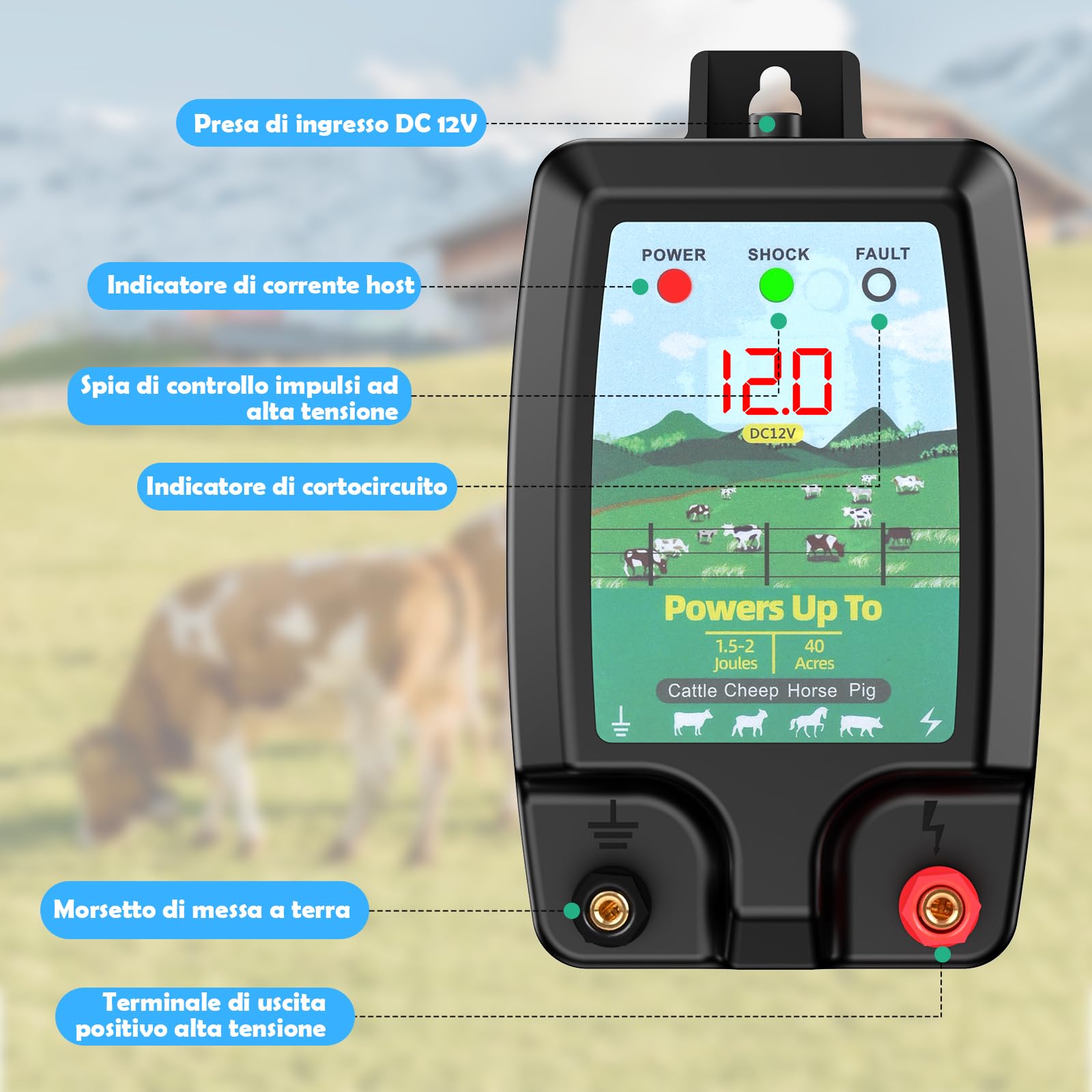 Recinzione Elettrica per Animali 10KM, Potente Elettrificatore 2J Recinzione Elettrica con Schermo LCD, Recinzione Elettrica ad Alta Potenza Impermeabile per Protezione degli Animali