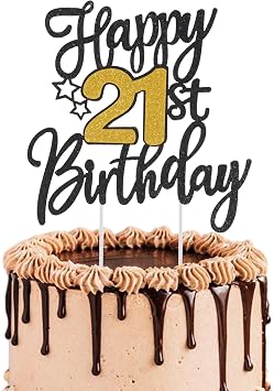 Black Gold Glitter Birthday Cake Topper Happy Birthday Cake Decoration with Age Numbers for Party Table Decor and Photo Props, Elegant Sparkle Style