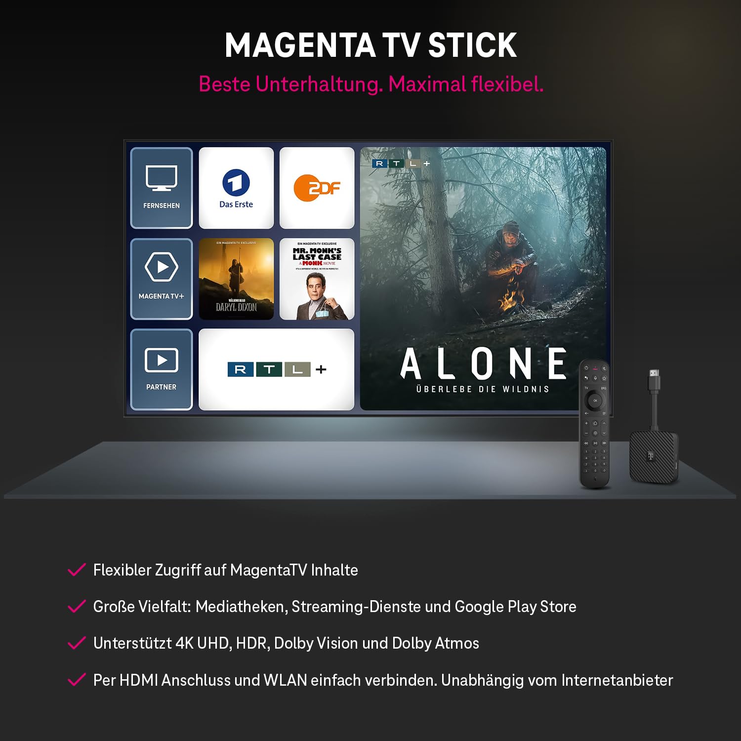 MagentaTV Stick 2. Gen. Fernsehen Streaming WLAN 160 HD-Sender 4K UHD HDR
