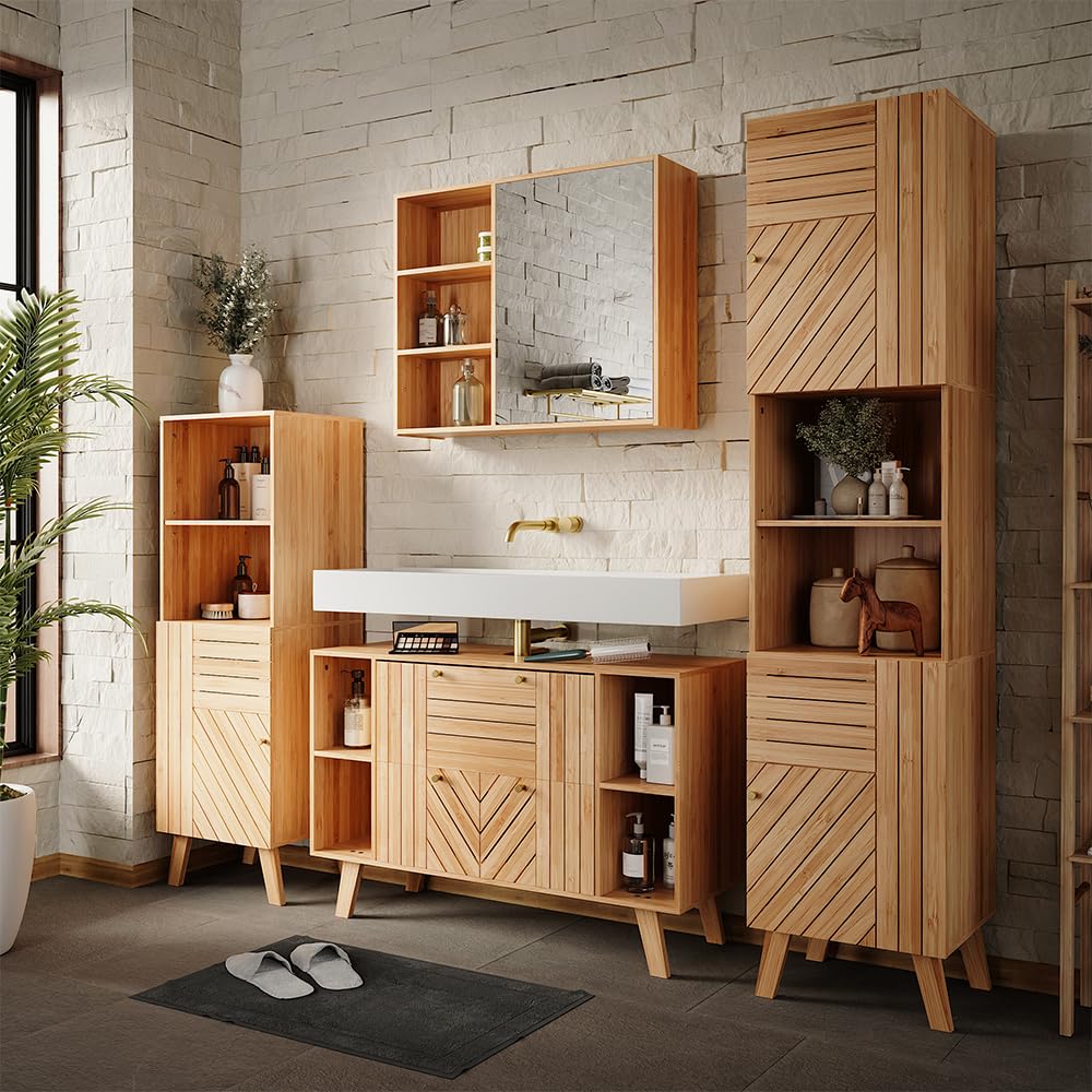 Vicco Meuble sous Vasque Simple Lucie, Bambou, 100x65cm avec 2 tiroirs, Convient au Rangement Peu encombrant des Accessoires de Salle de Bain