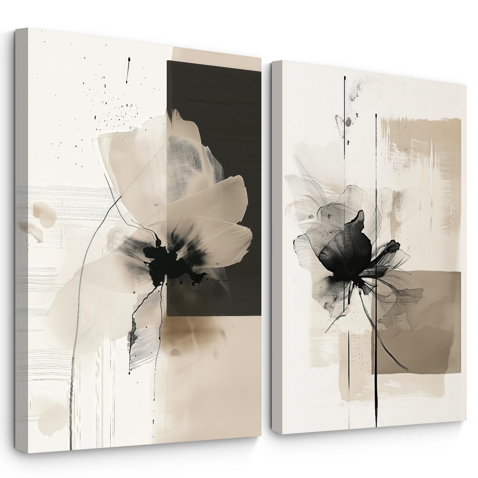 Modern Abstract Floral Wall Art Minimalist Neutral Canvas Painting Decor Beige Cream And Black Wall Art Contemporary Flower Picture Prints for Living Room Bedroom 16x24 Inch Wrapped Canvas Set of 2