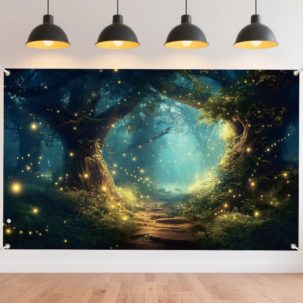 CRAFTYMELODY Spring Enchanted Forest Backdrop 72×44 Inch Fairy Tree Banner Backdrop Wonderland Spring Wall Banner Photo Booth with Grommets 3.2 Yard String for Birthday Party Decoration Supplies