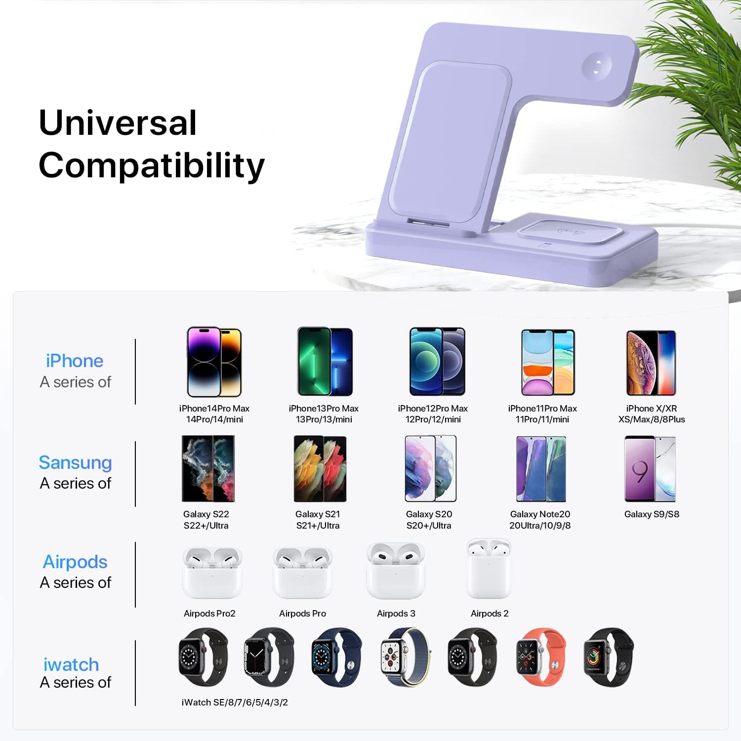 Charging Station for Multiple Devices Apple, 3 in 1 Charging Station for Apple, Fast Wireless Charger Stand for iPhone 14/13/12/11/Pro/Max/Plus/XS/XR/X/8, iWatch 8/7/6/5/4/3/2/SE & AirPods(Purple)