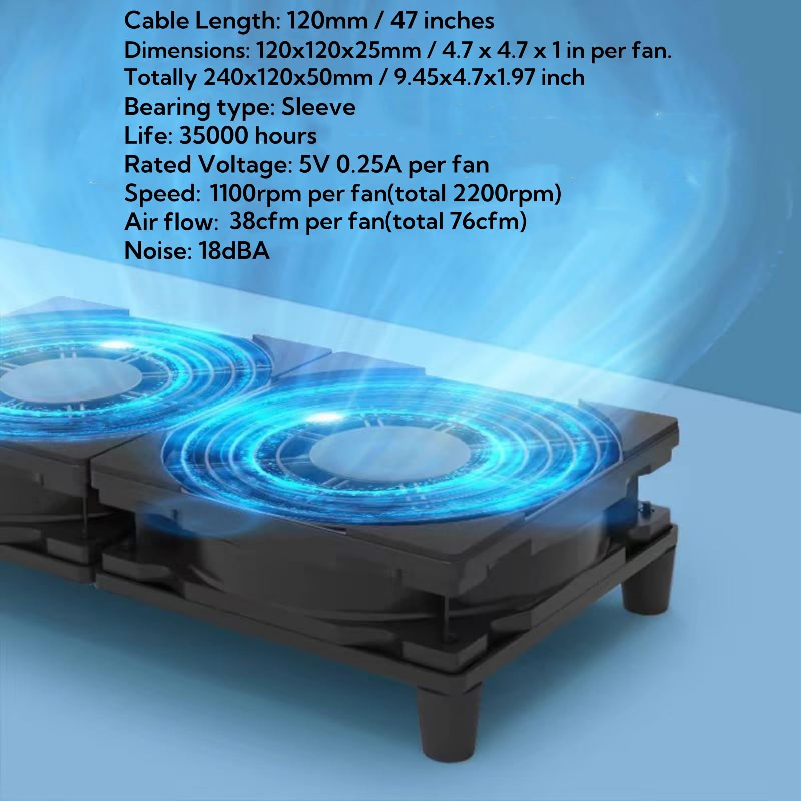Ventola di raffreddamento silenziosa doppia USB da 5 V, 120 mm x 2 con cavo da 1200 mm, 76 CFM, raffreddamento del flusso d'aria per router, computer, Mac Mini, PlayStation, rack fai da te per