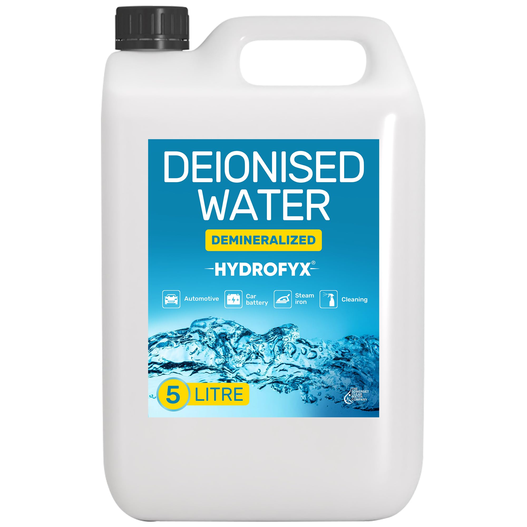 HYDROFYX 脱イオン水 5リットル - アイロン、スチームクリーナー、カーバッテリー、ラジエーター、加湿器、クリーニング用 - 脱塩および脱イオン水 (蒸留なし)