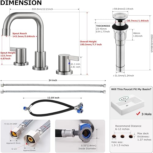 Miniatura 5 de PARLOS Grifo de baño generalizado de dos manijas con conjunto de drenaje emergente de metal y líneas de suministro de grifo cUPC, níquel cepillado,