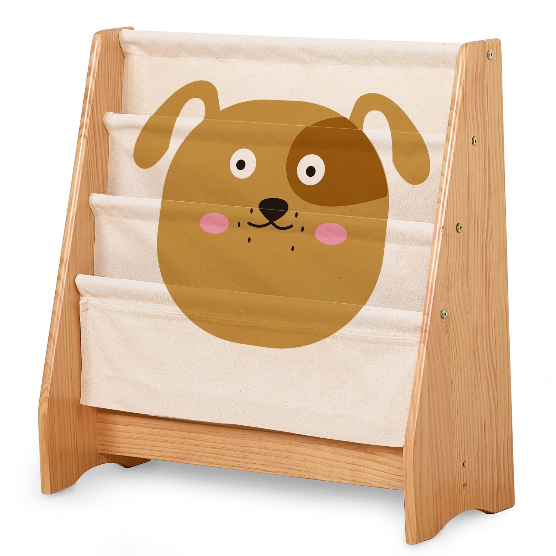 KRAND Kids Sling Bookshelf for Toddler Boys and Girls Book Rack Storage Baby Bookcase Organizer,Features Animial Printed Canvas Sleeves&Solid Wood Structure (Natural/Doggie)