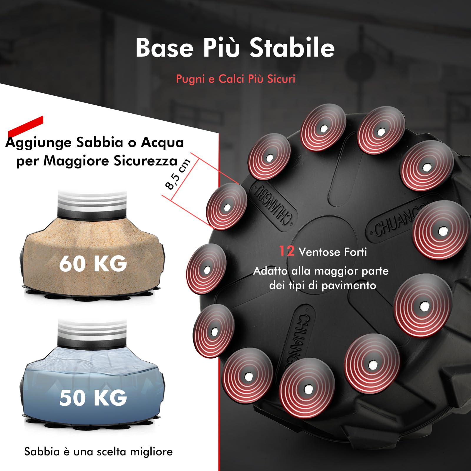 COSTWAY Sacco da Boxe da Terra Professionale con Area per Calci, Sacco Kick Boxing Autoportante con Base Riempibile da Sabbia e Acqua, 12 Ventose in Gomma e Struttura Multistrato