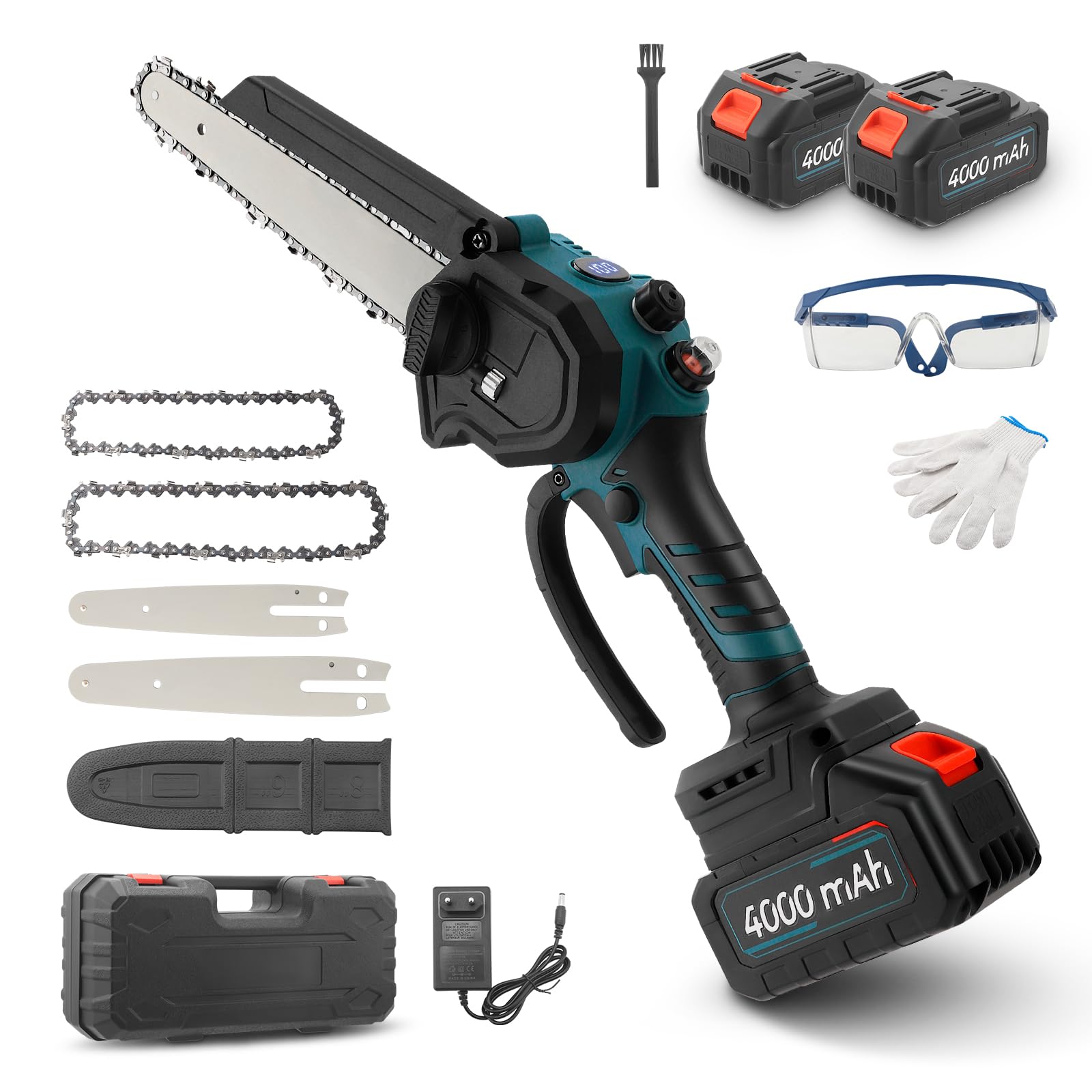 Sierra de Cadena Inalámbrica 8 Pulgadas, Mini Motosierra con 2 Baterías y Motor 950W. Hoja Convertible 6 u 8 Pulgadas Para Madera, Poda de Ramas y Jardinería (Blue)