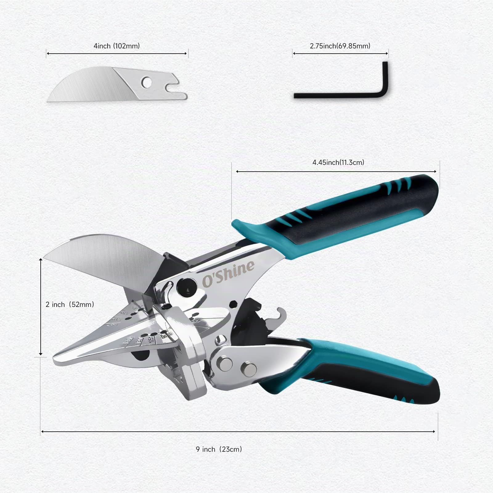 O'Shine Ciseaux à Onglets Multi-Angles à Cliquet - Cisaille à Onglet Professionnelle 45-135° pour Moulures, PVC et Bois - Système à Crémaillère pour Effort Réduit - avec 1 Lame de Rechange