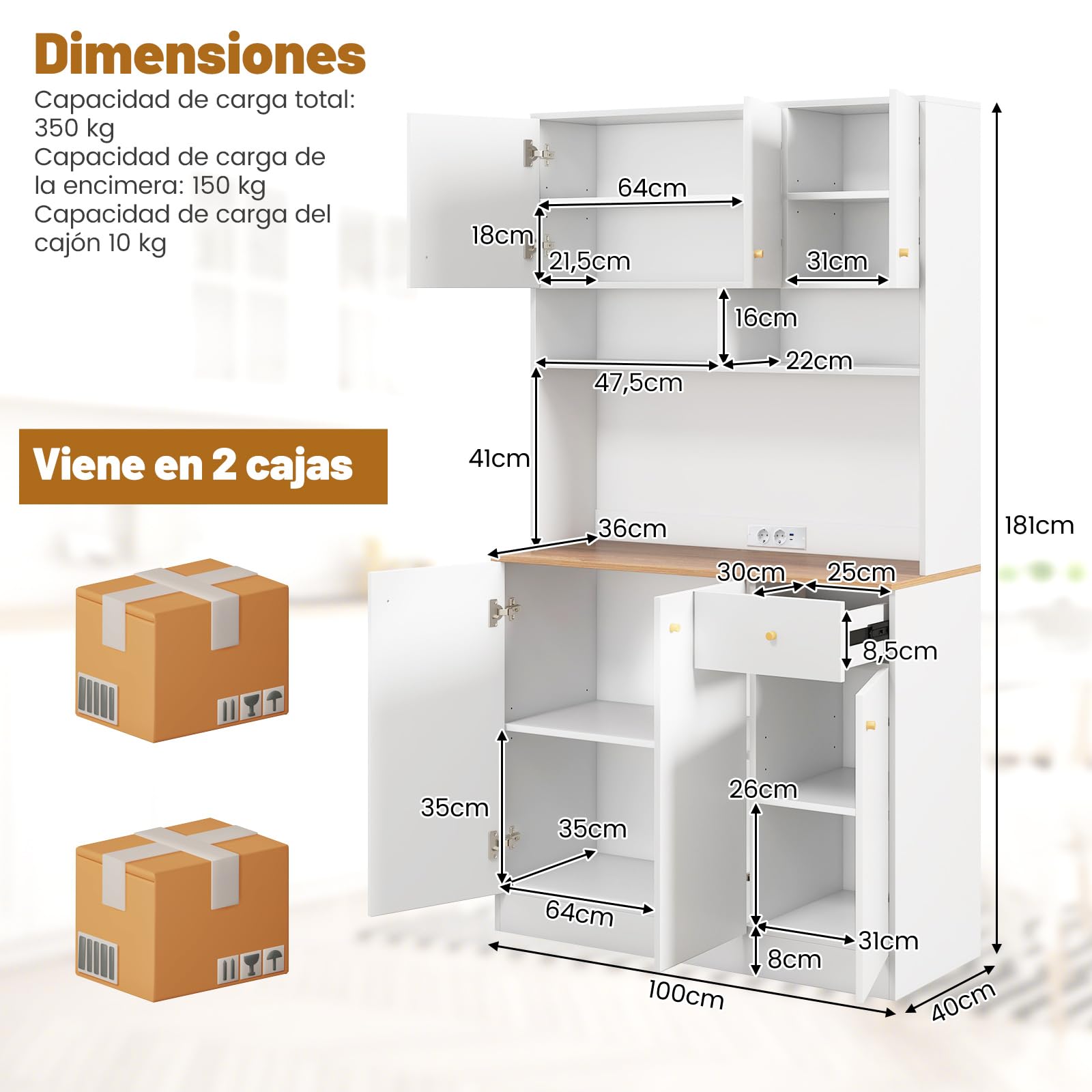 COSTWAY Armario Alacena de Cocina, Aparador Con Tomas de Corriente, Puertos USB, Kits Antivuelco y Estantes Ajustables de 3 Posiciones, Mueble Auxiliar, 100x40x181 cm (Blanco)