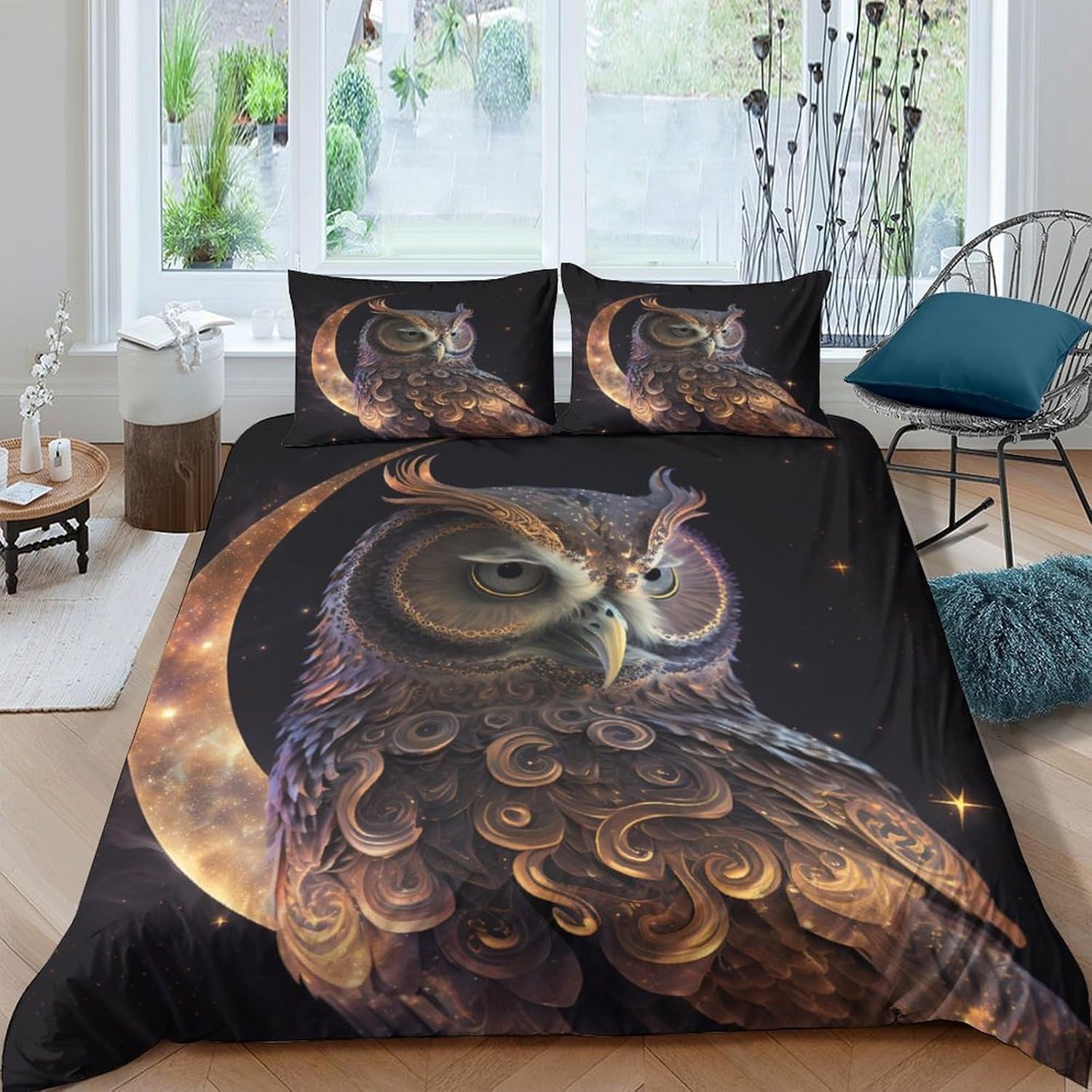 Housse de couette chouette 3D 135x200 cm avec 2 taies d'oreiller pour literie animaux