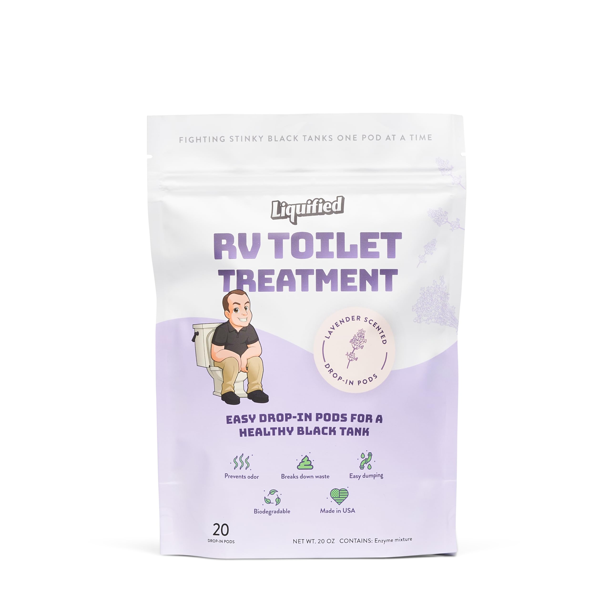 Liquified RV Toilet Treatment Drop-Ins - Prevents Tank Odors - Breaks Down Waste and Tissue - Septic Tank Safe - Matts RV Reviews - Lavender Scent - 20 Treatments (20 1oz pods)