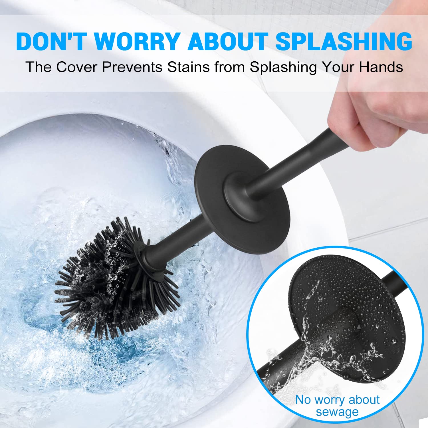 HiWODO Silicone Toilet Brush with Holder,Toilet Brushes & Holders Includes 2 Quick Drying Loo Brush Heads,Deep Hygienic Toilet Cleaner Brush Set including Long Rubber Handle for Bathroom Cleaning (Black) - Image 4