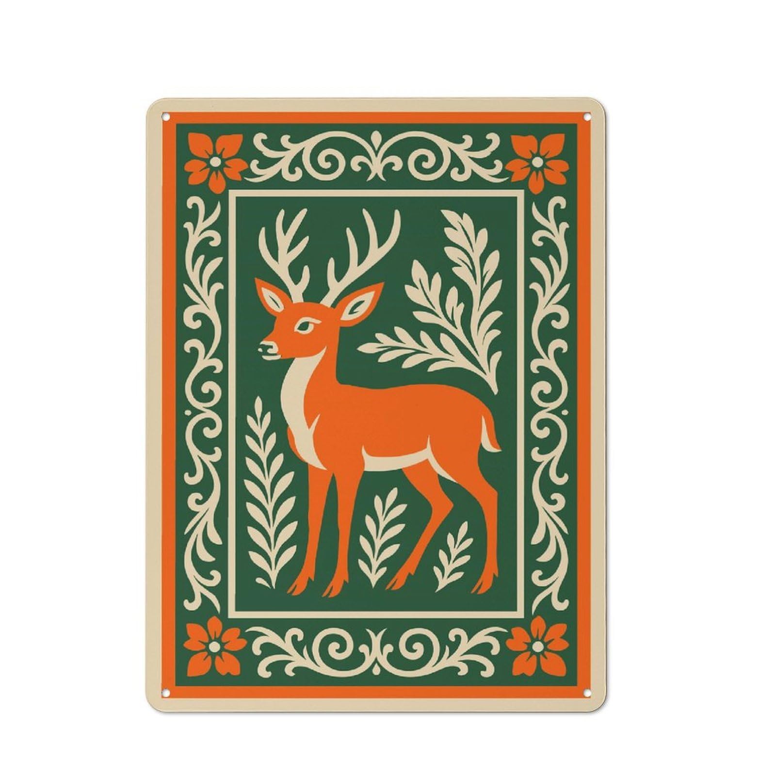 Stylized Deer Illustration with Floral Border Nostalgic Metal Wall Decor 40x30cm, Vintage Tin Sign for Living Room, Hallway, Kitchen Or Cafe