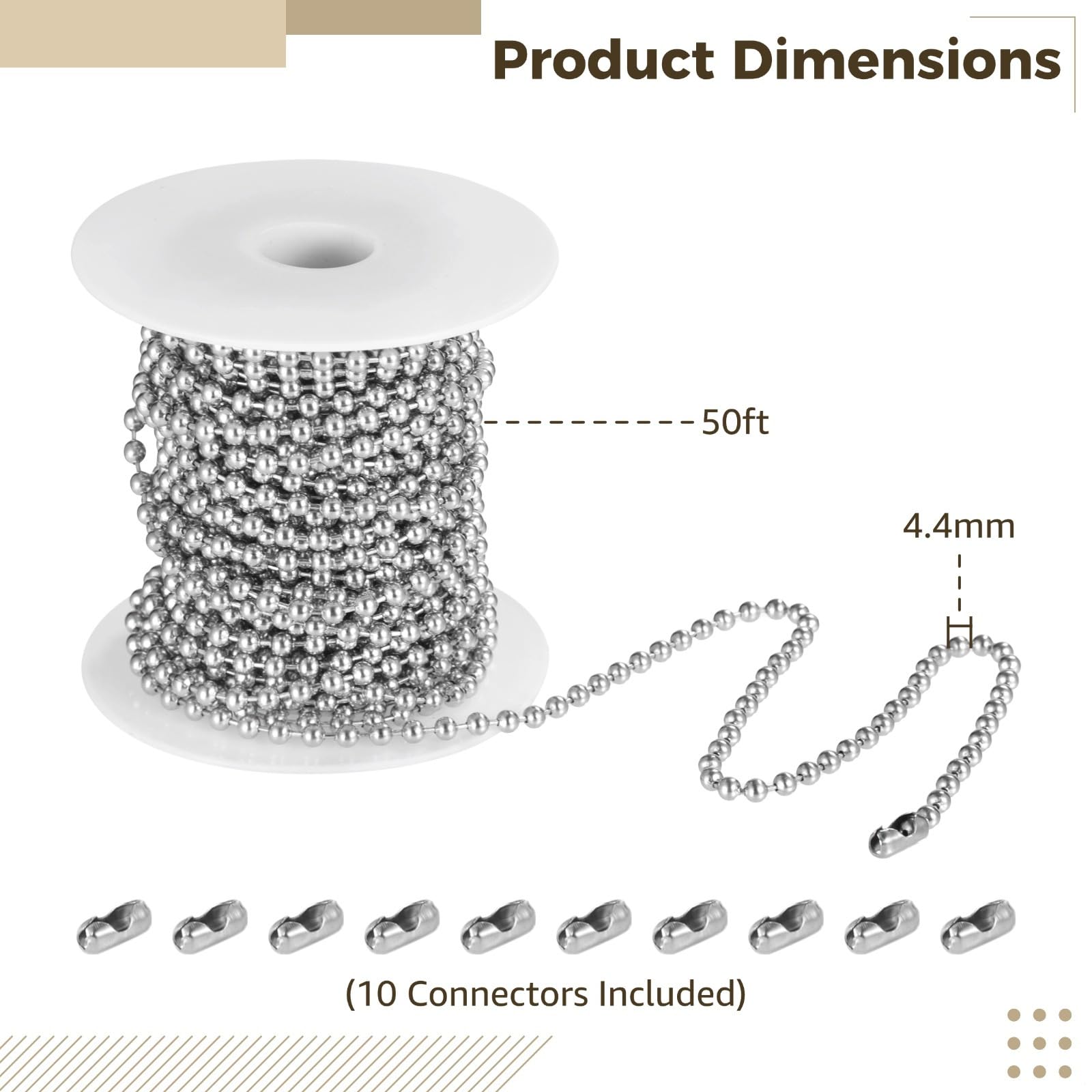 Catena in acciaio inox con perline da 4,5 mm e 10 connettori per la creazione e la riparazione di gioielli, 1,5 m