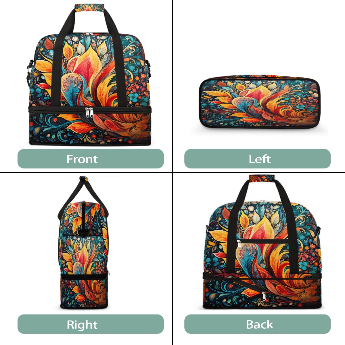 Borsone da viaggio pieghevole con motivo cachemire floreale bohémien, borsa da palestra espandibile con scomparto per scarpe, borsa da weekend di grande capacità, borsa da viaggio, sport, viaggi