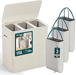 VOUNOT® Cesto Portabiancheria 170L Rettangolare a 3 Scomparti con Coperchio, Cesto Biancheria Grande Capacità con 3 Sacchi Rimovibili Autoportante e Manici, per Bagno, Camera e Lavanderia, Beige