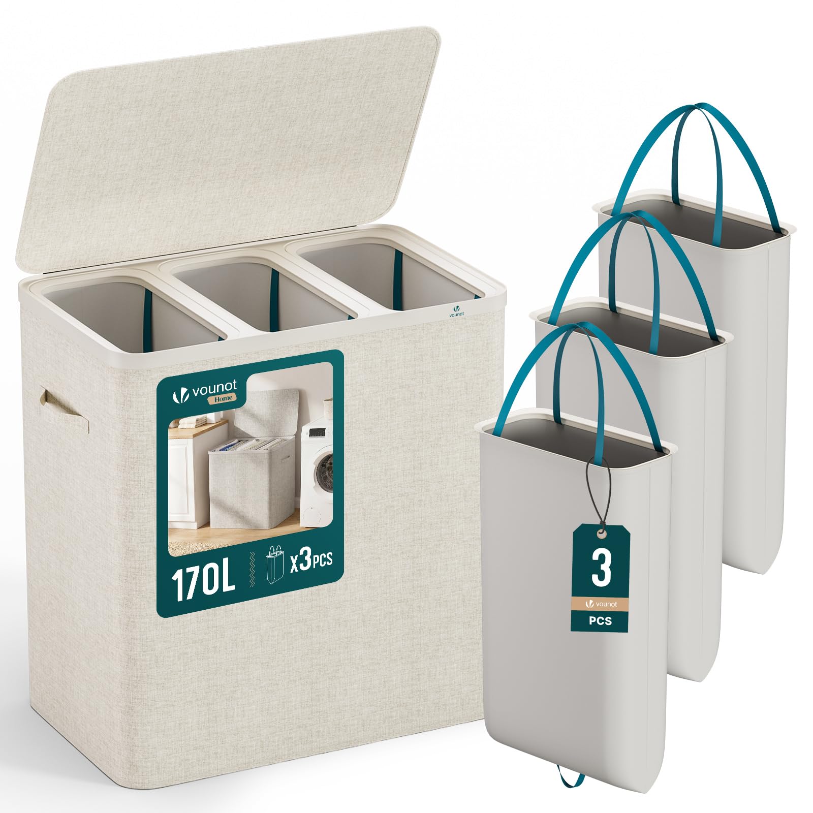 VOUNOT® Cesto Portabiancheria 170L Rettangolare a 3 Scomparti con Coperchio, Cesto Biancheria Grande Capacità con 3 Sacchi Rimovibili Autoportante e Manici, per Bagno, Camera e Lavanderia, Beige - 1