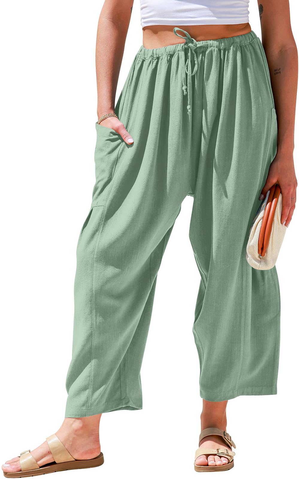 TARSE Womens Linen Wide Leg Pants Casual Loose Drawstring Summer Beach Travel Vacation Palazzo Harem Pants with Pockets