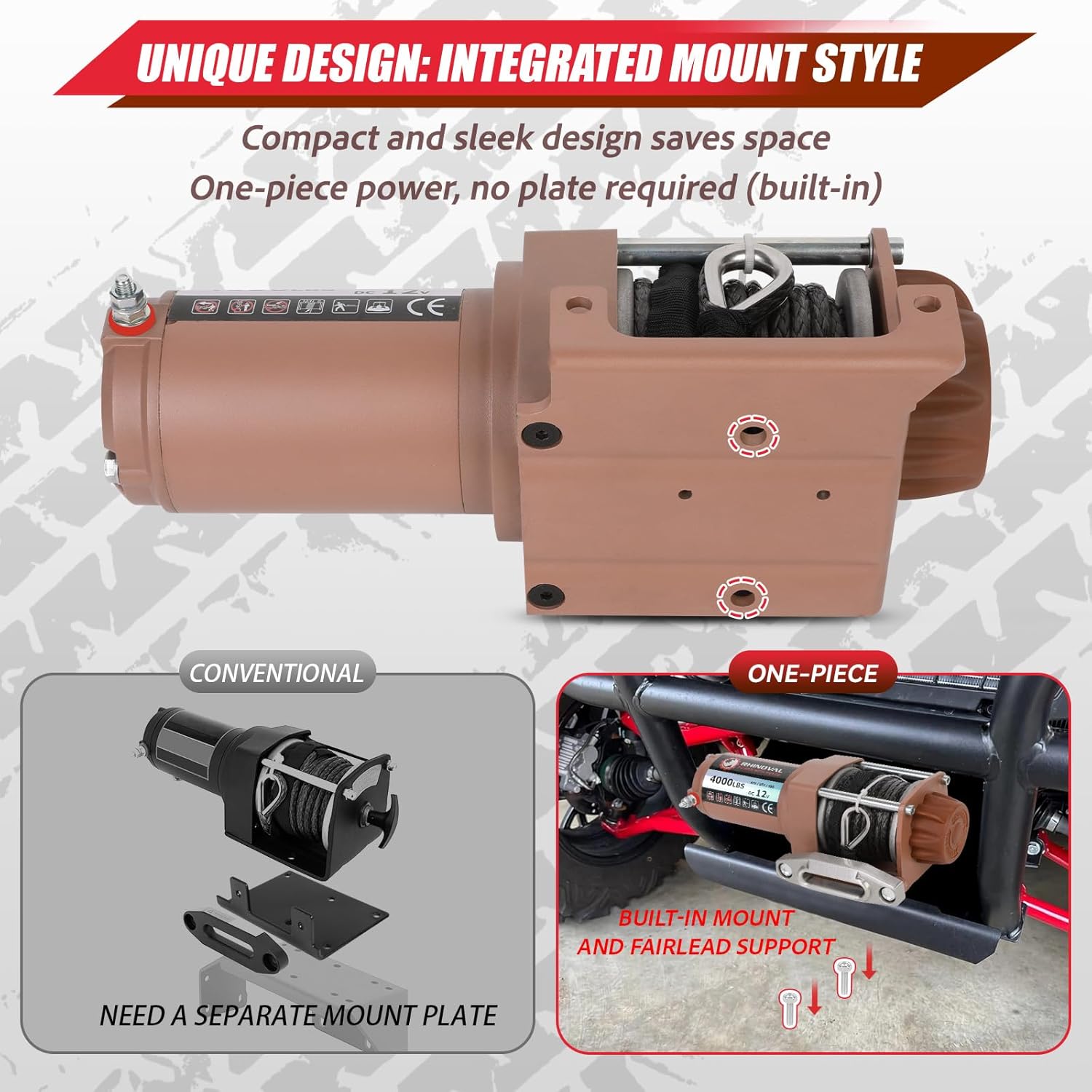 4000lb Winch, IP67 Waterproof, Dual Wireless Remotes, Compact Built-in Mount Plate, Synthetic Rope with 6600 lbs Breaking Strength, 12V, for ATV/UTV Recovery, Trailer, Flatbed