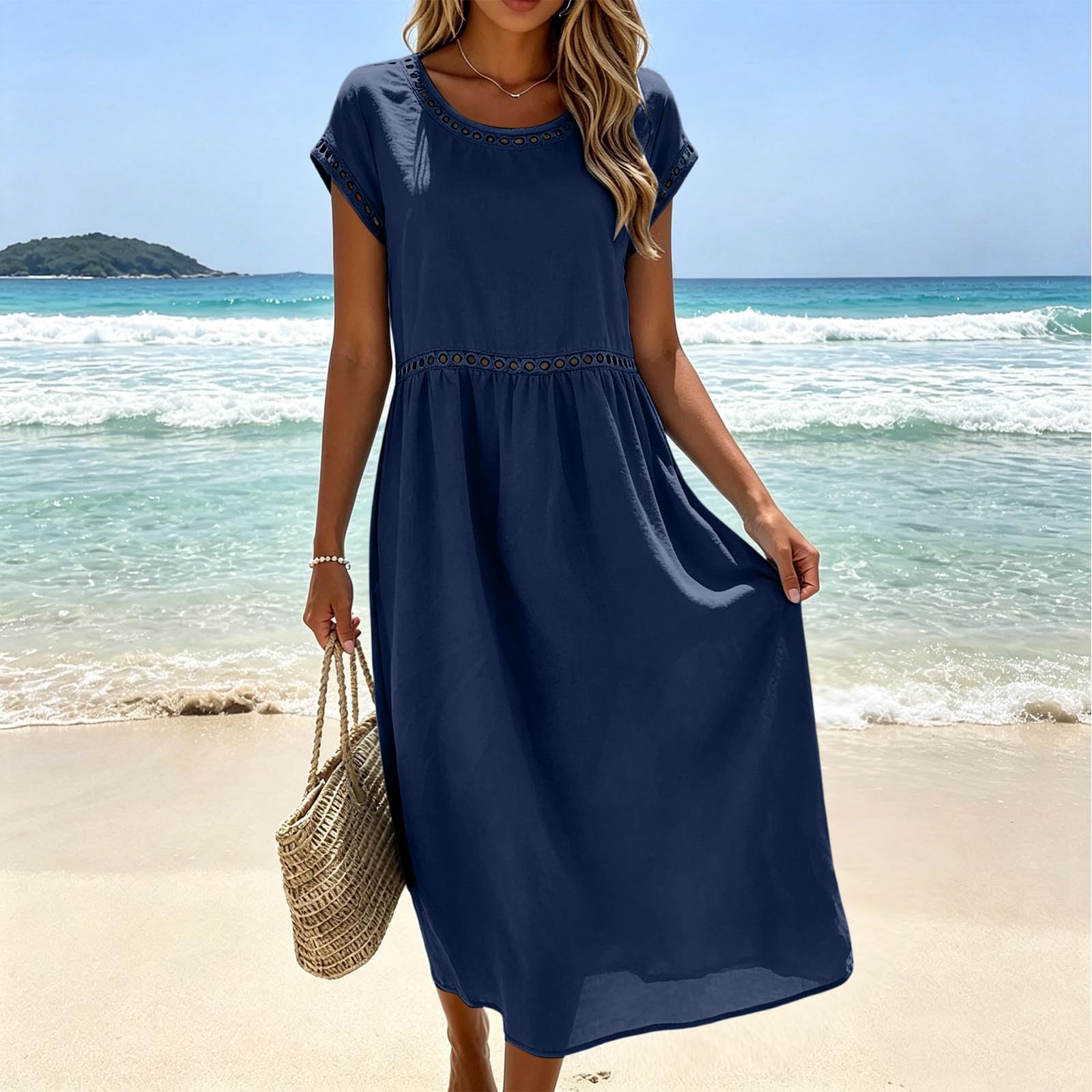 Abito Lino Donna Abito Estivo a Maniche a 3/4 Vacanza Comodo Taglie Forti Vestito Lungo in Cotone Scollo a V Largo Vestiti da Spiaggia Vestito Boho Chic Ideale per vacanze, lavoro e uso quotidiano