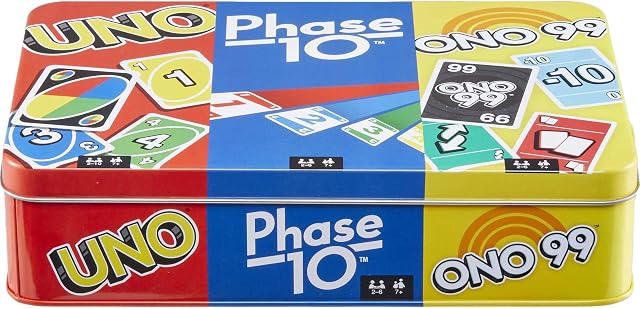 Mattel Games Ensemble de 3 Carte Games avec UNO, Phase 10 & ONO 99, Voyage amusant pour les enfants & Nuit en famille avec boîte de rangement