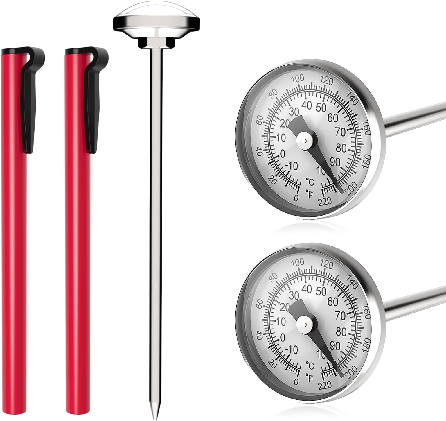 KT THERMO Kitchen Thermometer with 5 Inch Long Stem,Immediate Read Pocket Thermometer 1 Inch Dial Food Thermometer for Milk Frothing Oven Meat Cooking Probe Grill Coffee Water BBQ (2 Pcs) (Red)