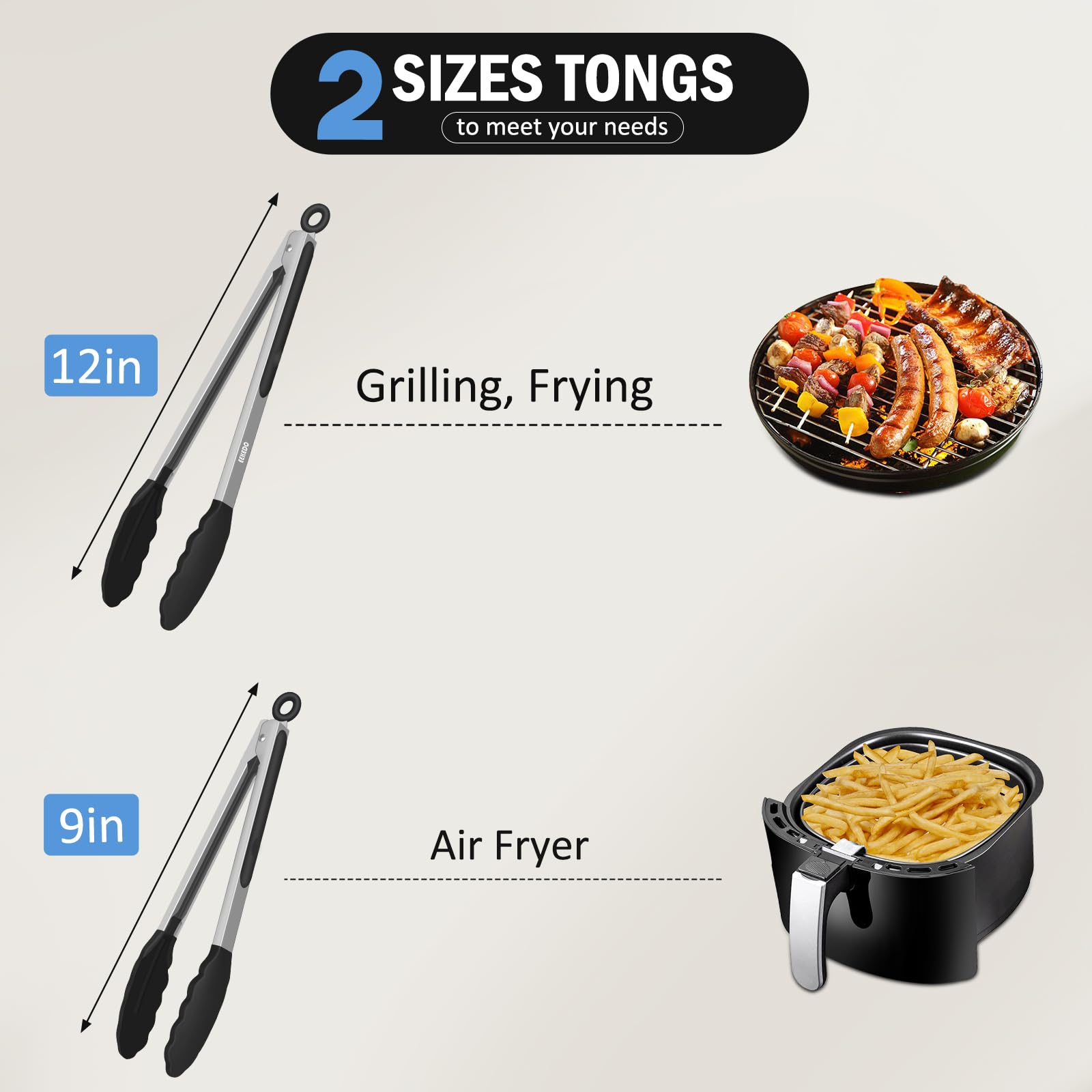 Pinzas de cocina, pinzas de silicona de acero inoxidable para cocinar 600ºF de alta resistencia al calor, pinzas de bloqueo, juego de 2-9 pulgadas y 12 pulgadas, color negro