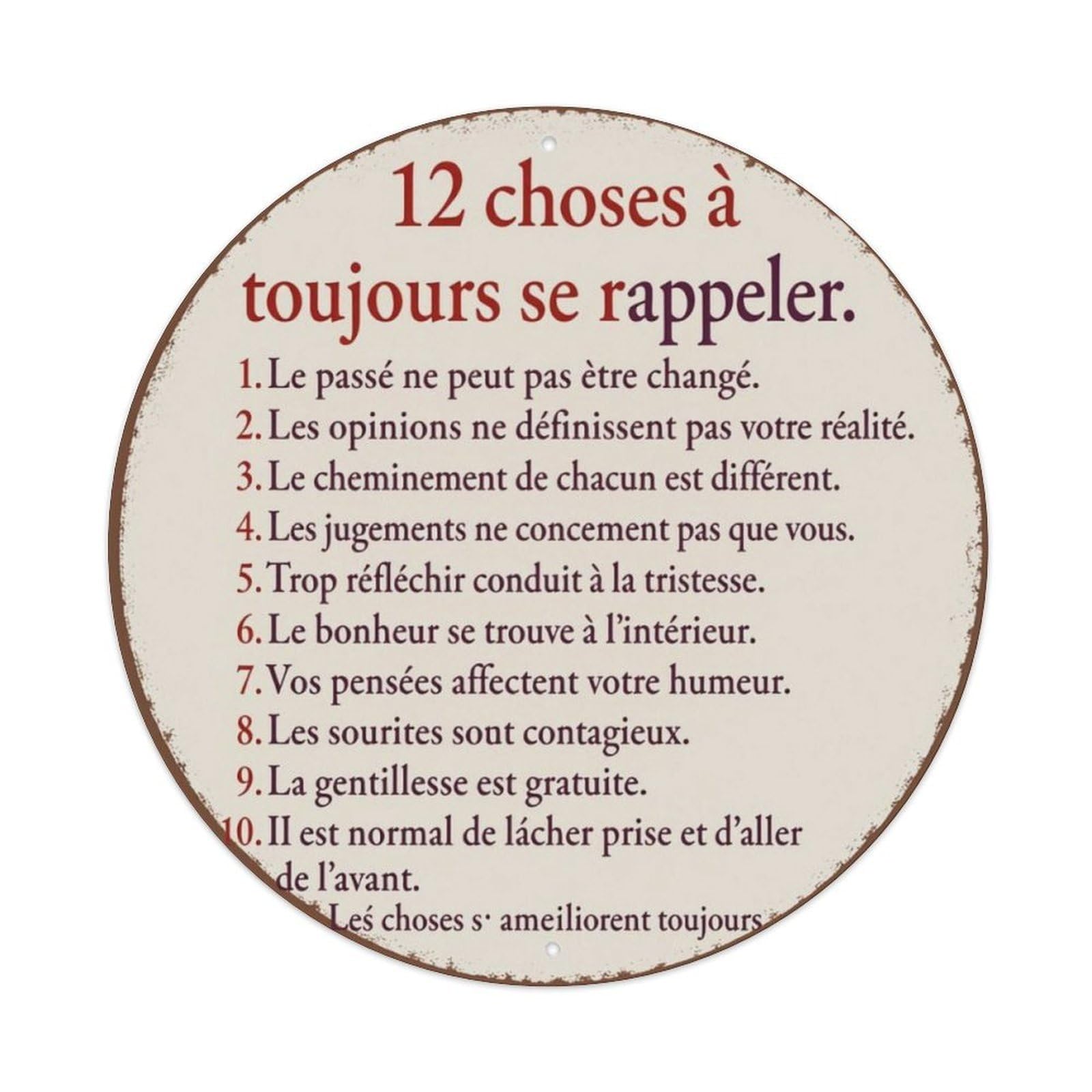 French Life Positive Quotes Vintage Round Sign Vintage Aluminium Metal Sign, Retro Wall Decor for Home, Bar, Garage & Farmhouse 20x20cm