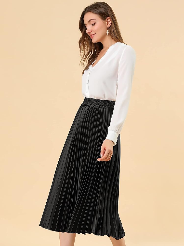 Allegra K Women Pleated Skirt Midi Length Elastic High Waisted A