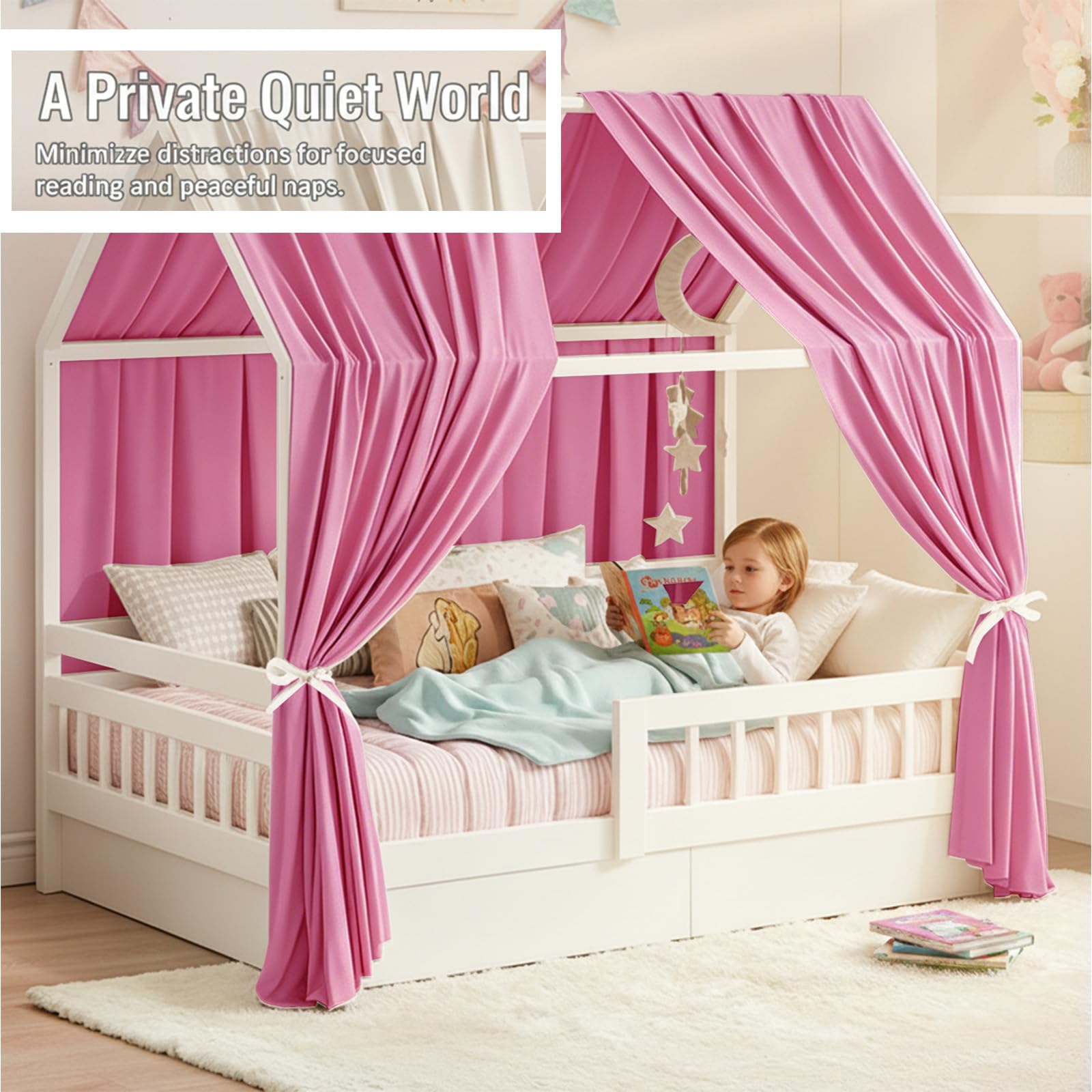Dosel De Cama Casera Rosa, 2 Piezas Dosel De Cama Casera 270 x 67 cm, Cortinas De Dosel para Niñas Y Niños, Infantil Decoración Habitación Infantil