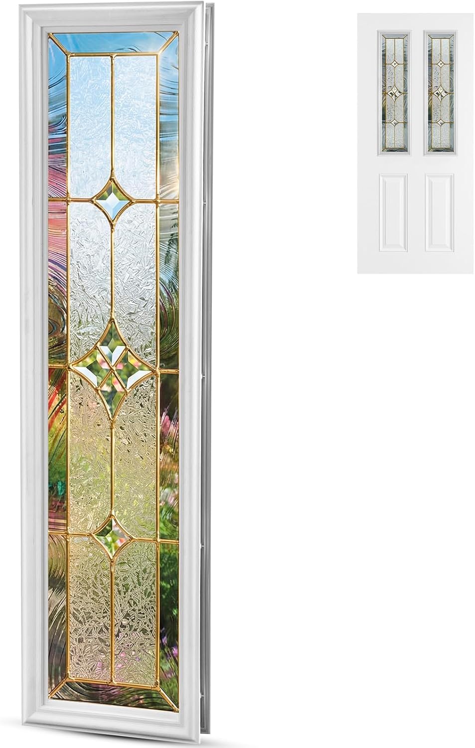 2 Pcs 8" x 36" Entry Door Glass Insert with Low-e Clear Glass Raised Frame White Exterior Front Door Sidelite Window Inserts Replacement Kit for Home Improvement (1 Lite)