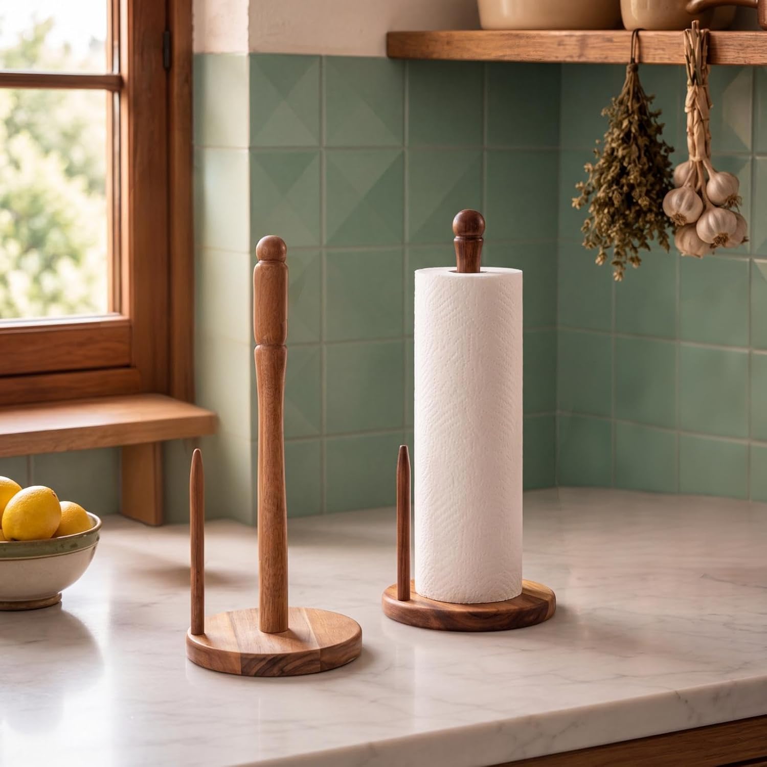 Novabright 2 Pcs Acacia Wood Paper Towel Holder Countertop, Farmhouse Wooden Paper Towel Holder Standing Roll Organizer Easy to Assemble Thicken Base for Kitchen Powder Room & Laundry