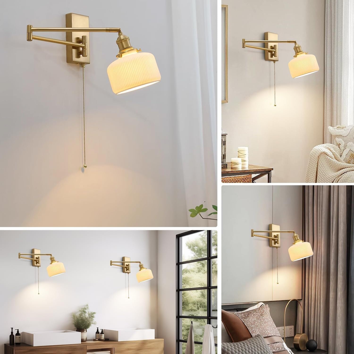 Applique da Parete Vintage in Ottone Anticato, Set di Due – Moderna Illuminazione da Parete con Braccio Girevole in Stile Fattoria con Catena di trazione, Applique da Parete per Interni e da bagn