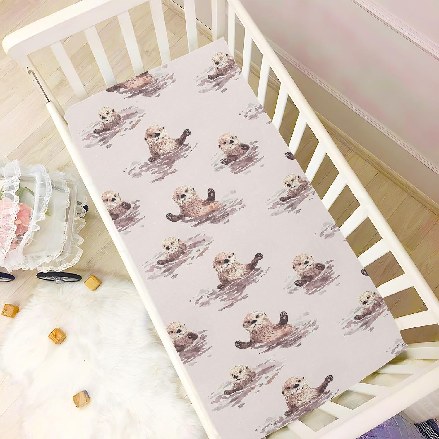 Cartoon Sea Otter Crib Sheets for Boys Girls,Neutral Fitted Crib Sheets for Toddler Mattresses,Baby Nursery Sheet for Cribs,Soft and Breathable 39 * 27 * 5In