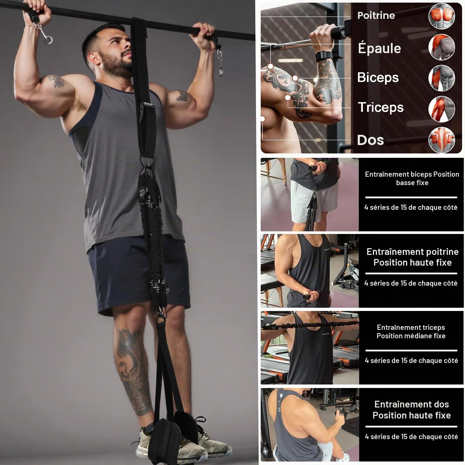 Elastique Musculation Traction, Bande Resistance Musculation avec 4 Bandes d'Assistance Réglables & Semelle Anti-Dérapante, pour Entraînement à Domicile, Élastique Traction Barre Fixe