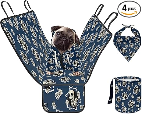 Howilath Skull Print Pet Car Seat Covers Backseat Water Repellant Blue Auto Seat Protector with Puppy Sweatshirts Dog Bandanas Car Trash Can, Easy to Install