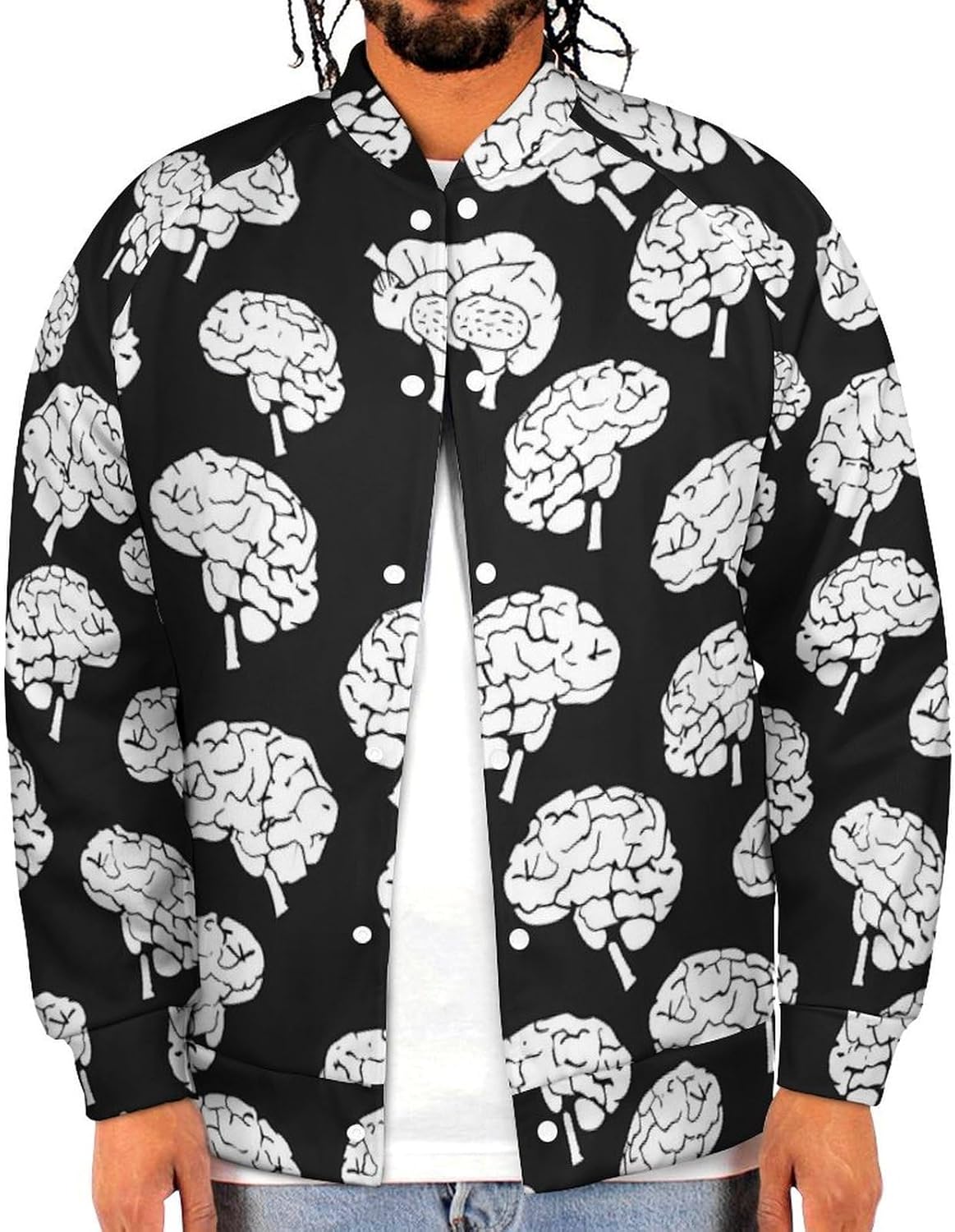 Brains Pattern Novelty Men's Baseball Jackets Causal Sweatshirt Button Top Long Sleeve Coat