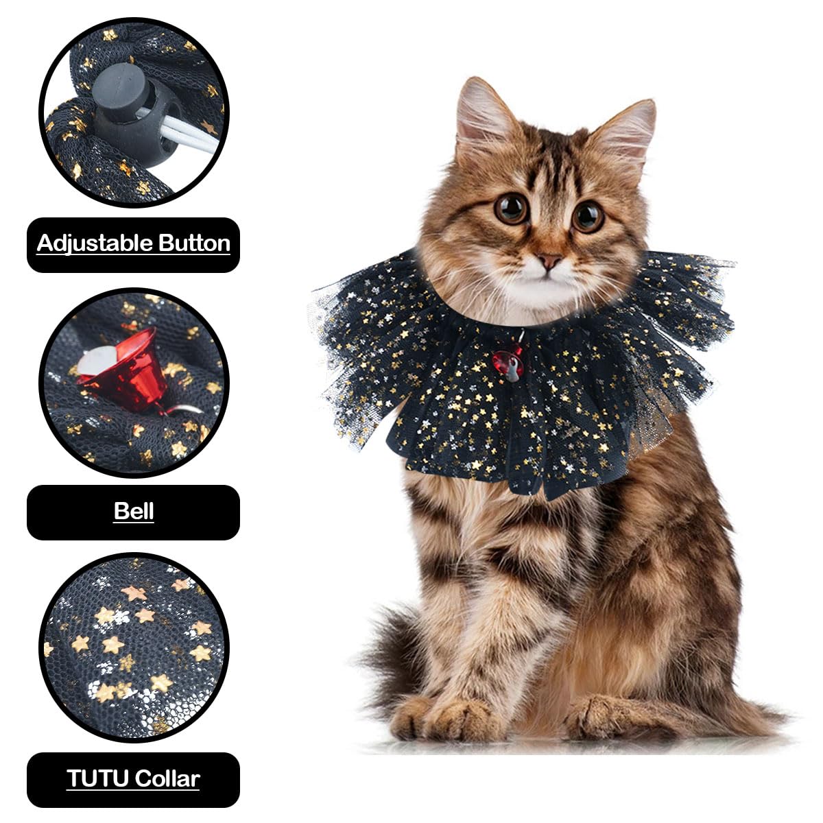 BIPY Black Dog Tutu Collar with Bell Neck Accessories for Small Dogs Cats Adjustable Necklace with Sequin Party Holiday Drawstring Pets Costume - Image 3