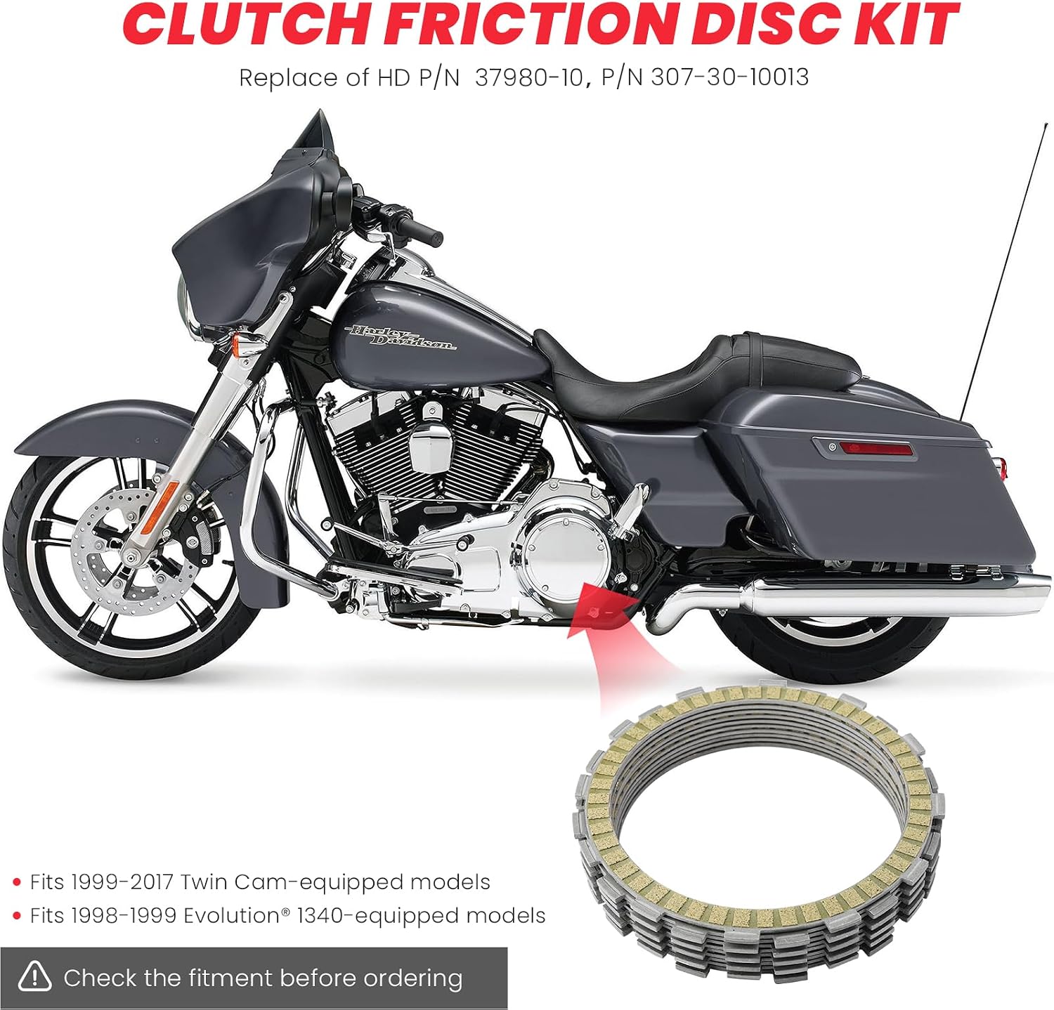 Extra Plate Clutch Kit Disc friction plates compatible with Harley Davidson Touring Softail Dyna Trike Twin Cam 1998-2017, Evolution 1340 1998-1999, Replace of HD P/N 37980-10 307-30-10013