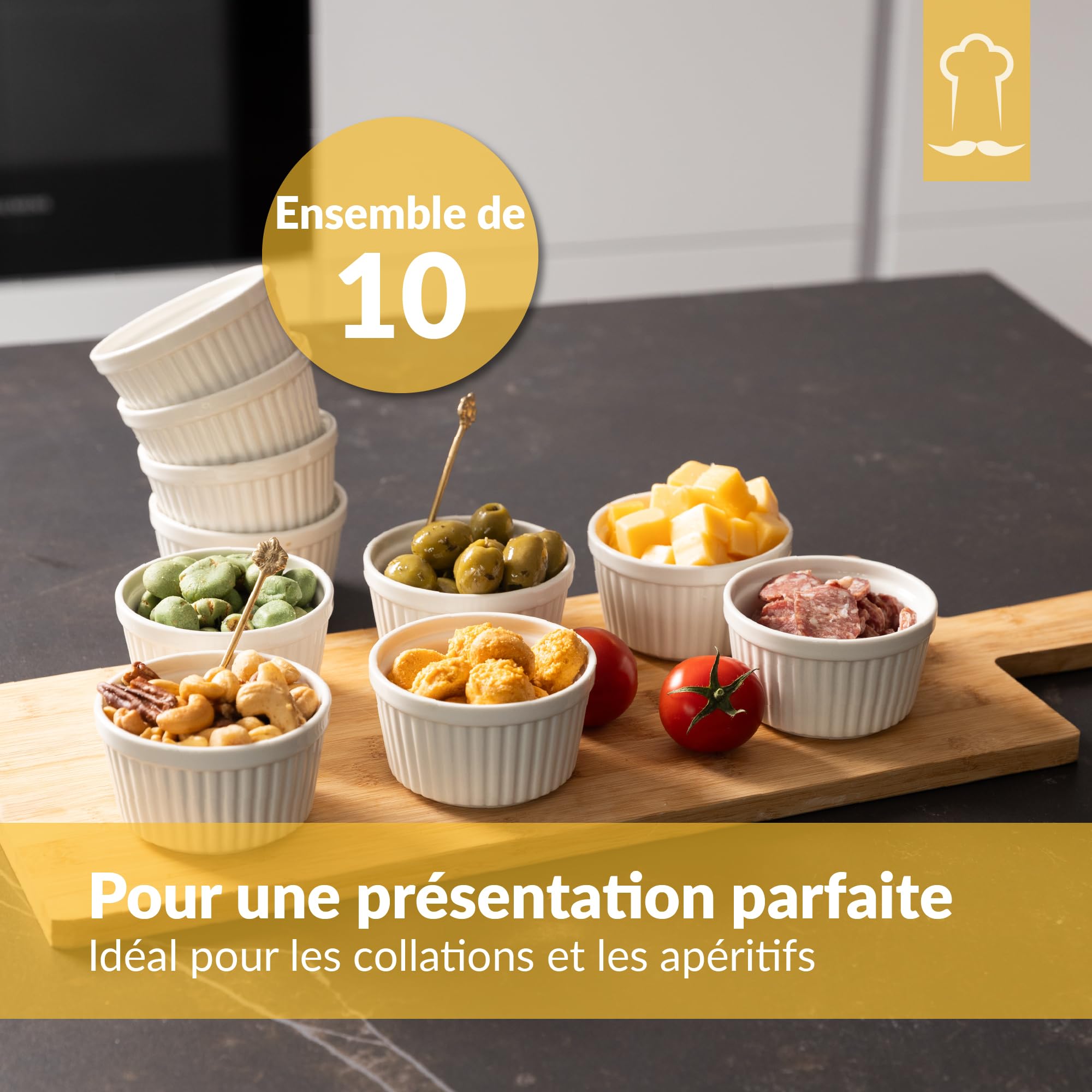 Chefarone Soufflé Lot de 10, Ramequins en Céramique pour la Cuisson et Présentation, 200 Ml Blanc (9 X 7,5 X 5cm)